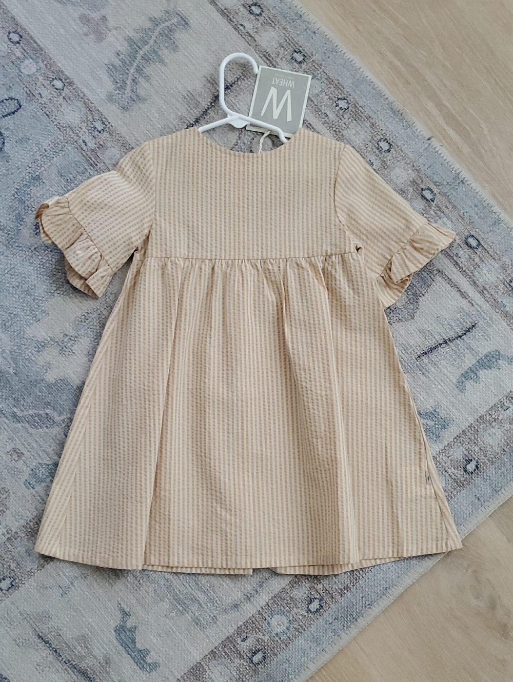 NWT Wheat Danish Design Organic Cotton Neutral Seersucker Ruffle Dress Sz3T